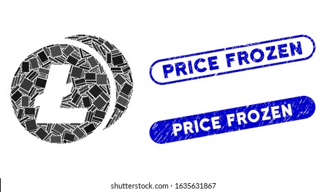 Mosaic Litecoins and distressed stamp seals with Price Frozen phrase. Mosaic vector Litecoins is formed with randomized rectangle items. Price Frozen stamp seals use blue color,