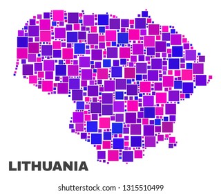 Mosaic Lithuania map isolated on a white background. Vector geographic abstraction in pink and violet colors. Mosaic of Lithuania map combined of scattered small squares.