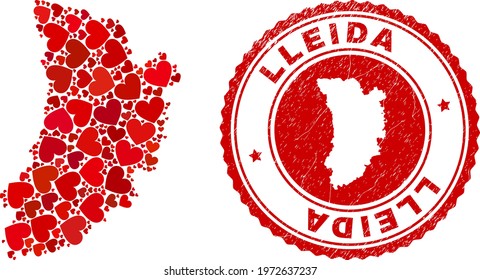 Mosaic Lleida Province map composed with red love hearts, and textured seal. Vector lovely round red rubber seal imprint with Lleida Province map inside.