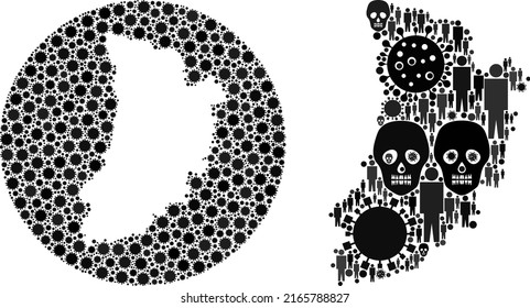 Mosaic Lleida Province map composed of SARS virus items and people and dead head items. Flu virus Lleida Province map mosaic composed with circle and subtracted shape.