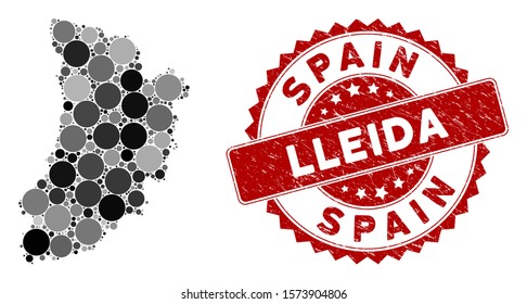 Mosaic Lleida Province map and round rubber print. Flat vector Lleida Province map mosaic of random round elements. Red rubber stamp with distress design.