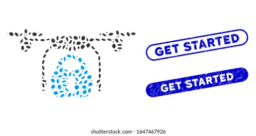 Mosaic load cargo drone and grunge stamp seals with Get Started text. Mosaic vector load cargo drone is created with randomized elliptic items. Get Started stamp seals use blue color,