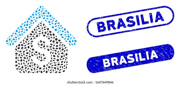 Mosaic loan mortgage and grunge stamp seals with Brasilia text. Mosaic vector loan mortgage is designed with randomized oval parts. Brasilia stamp seals use blue color, and have round rectangle shape.