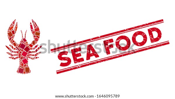 2本の平行な線の間にモザイクロブスターの絵文字と赤い海の食べ物のシール ランダムに回転した長方形の項目の平らなベクターロブスターモザイク の絵文字 ゴムテクスチャーと赤海食用ゴムシール のベクター画像素材 ロイヤリティフリー