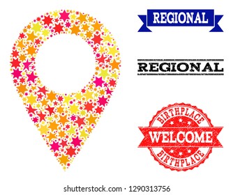 Mosaic local map marker created with colored flat stars, and grunge textured stamps, isolated on an white background. Vector colored geographic abstraction of local map marker with red, yellow,