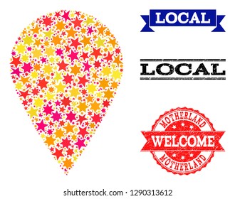 Mosaic local place created with colored flat stars, and grunge textured stamps, isolated on an white background. Vector colored geographic abstraction of local place with red, yellow, orange stars.