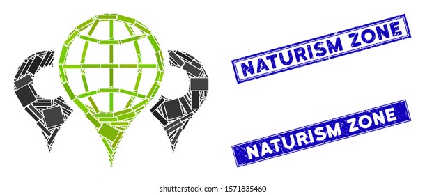Mosaic locations icon and rectangular Naturism Zone seals. Flat vector locations mosaic icon of random rotated rectangular items. Blue Naturism Zone stamp imprints with grunged texture.