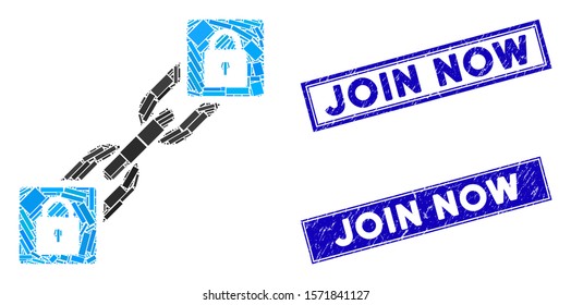 Mosaic lock blockchain icon and rectangle Join Now seal stamps. Flat vector lock blockchain mosaic icon of scattered rotated rectangle elements. Blue Join Now rubber seals with rubber surface.