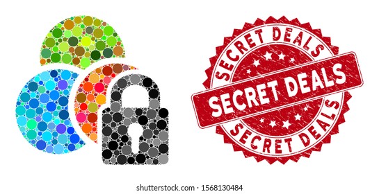 Mosaic lock colors and corroded stamp seal with Secret Deals text. Mosaic vector is formed with lock colors icon and with scattered circle elements. Secret Deals stamp uses red color,