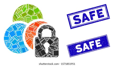 Mosaic lock colors icon and rectangle Safe seals. Flat vector lock colors mosaic icon of randomized rotated rectangle items. Blue Safe seals with grunged textures.