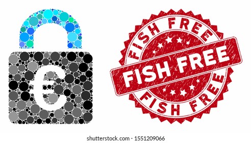Mosaic lock and corroded stamp seal with Fish Free phrase. Mosaic vector is created with lock icon and with scattered round elements. Fish Free stamp seal uses red color, and scratched surface.