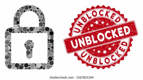 Mosaic lock and corroded stamp seal with Unblocked caption. Mosaic vector is formed with lock icon and with scattered circle elements. Unblocked stamp uses red color, and scratched texture.