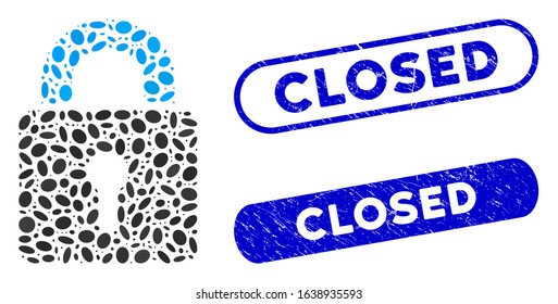 Mosaic lock and corroded stamp seals with Closed text. Mosaic vector lock is composed with random elliptic elements. Closed seals use blue color, and have round rectangle shape.