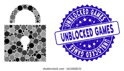 Mosaic lock icon and corroded stamp seal with Unblocked Games phrase. Mosaic vector is created with lock icon and with random spheric spots. Unblocked Games seal uses blue color, and rubber surface.