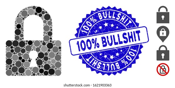 Mosaic lock icon and distressed stamp seal with 100% Bullshit caption. Mosaic vector is designed with lock icon and with scattered circle elements. 100% Bullshit stamp uses blue color,