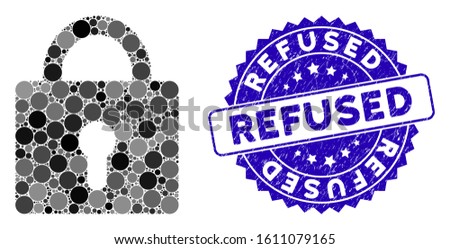 Mosaic lock icon and grunge stamp seal with Refused phrase. Mosaic vector is formed with lock icon and with randomized circle spots. Refused stamp seal uses blue color, and scratched design.