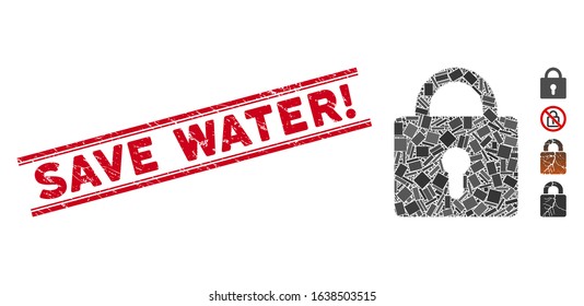 Mosaic lock icon and red Save Water! seal between double parallel lines. Flat vector lock mosaic icon of random rotated rectangular elements. Red Save Water! rubber seal with dirty textures.