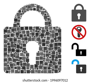 Mosaic Lock icon united from square items in different sizes and color hues. Vector square items are united into abstract composition lock icon. Bonus icons are added.