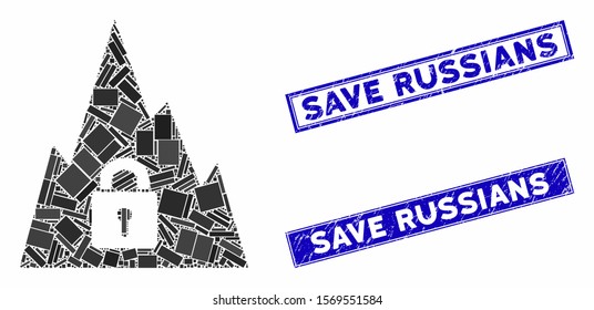 Mosaic locked tunnel icon and rectangle seal stamps. Flat vector locked tunnel mosaic icon of scattered rotated rectangle items. Blue caption rubber stamps with corroded texture.