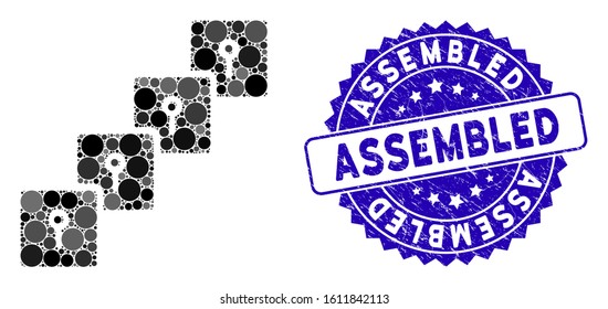 Mosaic locker blockchain icon and corroded stamp seal with Assembled text. Mosaic vector is created from locker blockchain icon and with random circle items. Assembled stamp seal uses blue color,