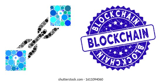 Mosaic locker blockchain icon and distressed stamp seal with Blockchain phrase. Mosaic vector is formed with locker blockchain icon and with random circle spots. Blockchain stamp uses blue color,