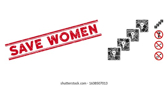 Mosaic locker blockchain icon and red Save Women seal between double parallel lines. Flat vector locker blockchain mosaic icon of scattered rotated rectangular items.