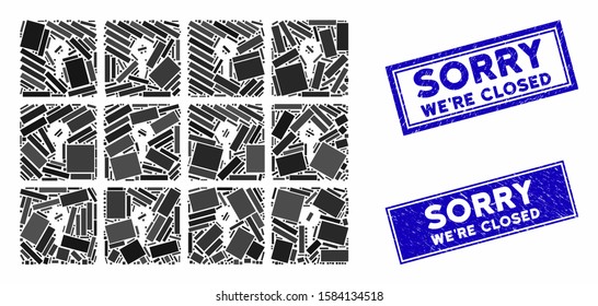 Mosaic lockers icon and rectangle Sorry We'Re Closed seals. Flat vector lockers mosaic icon of random rotated rectangle items. Blue Sorry We'Re Closed rubber seals with grunged surface.