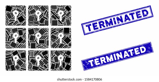 Mosaic lockers pictogram and rectangular Terminated stamps. Flat vector lockers mosaic pictogram of randomized rotated rectangular elements. Blue Terminated seal stamps with grunge texture.