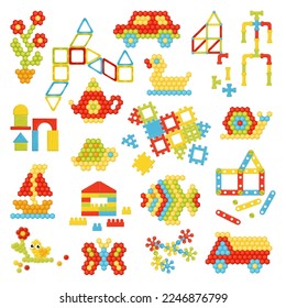 Mosaic logic game for children. Constructor of colourful cube block elements cartoon vector