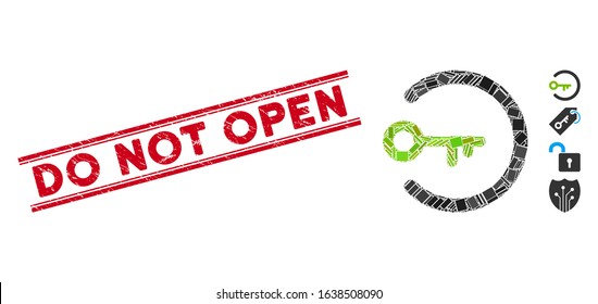 Mosaic login access icon and red Do Not Open stamp between double parallel lines. Flat vector login access mosaic pictogram of scattered rotated rectangle items.