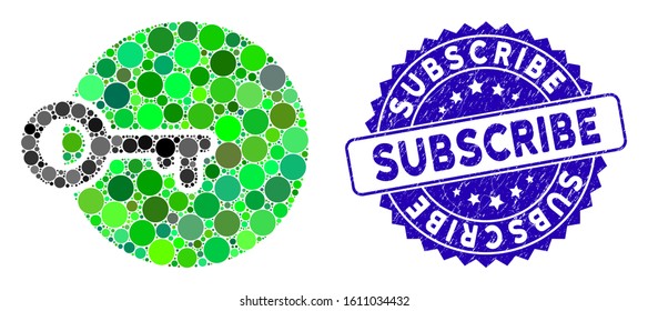 Mosaic login icon and corroded stamp watermark with Subscribe caption. Mosaic vector is created with login icon and with randomized circle elements. Subscribe stamp uses blue color,