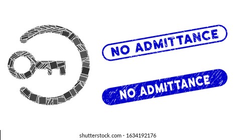 Mosaic login key and corroded stamp seals with No Admittance phrase. Mosaic vector login key is composed with scattered rectangle items. No Admittance seals use blue color,