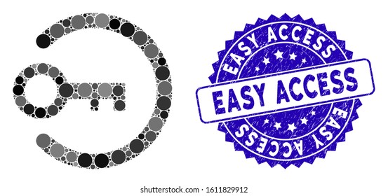 Mosaic login key icon and rubber stamp seal with Easy Access phrase. Mosaic vector is designed with login key pictogram and with randomized round items. Easy Access stamp seal uses blue color,