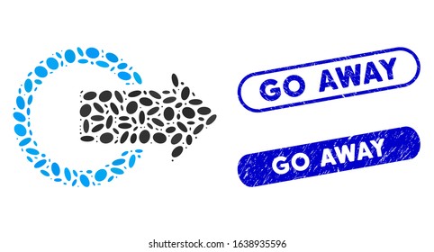 Mosaic logout and corroded stamp watermarks with Go Away phrase. Mosaic vector logout is created with scattered elliptic dots. Go Away stamp seals use blue color, and have round rectangle shape.