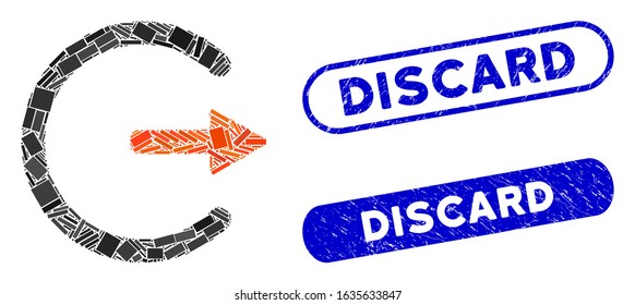 Mosaic logout and rubber stamp seals with Discard text. Mosaic vector logout is formed with randomized rectangles. Discard stamp seals use blue color, and have round rectangle shape.
