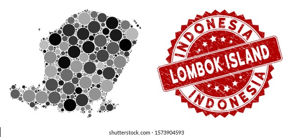 Mosaic Lombok Island map and circle seal stamp. Flat vector Lombok Island map mosaic of randomized circle elements. Red seal stamp with corroded texture.