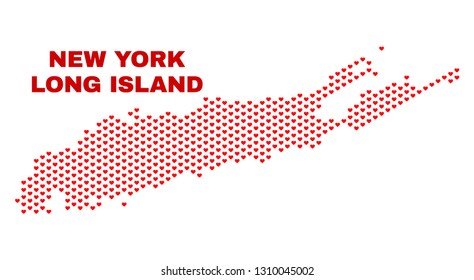 Mosaic Long Island map of love hearts in red color isolated on a white background. Regular red heart pattern in shape of Long Island map. Abstract design for Valentine decoration.