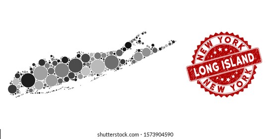 Mosaic Long Island map and round watermark. Flat vector Long Island map mosaic of randomized round items. Red rubber seal with rubber design. Designed for political and patriotic promotion.