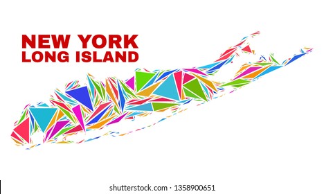 Mosaic Long Island map of triangles in bright colors isolated on a white background. Triangular collage in shape of Long Island map. Abstract design for patriotic illustrations.