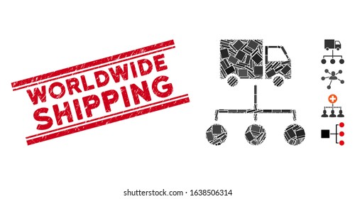 Mosaic lorry distribution scheme icon and red Worldwide Shipping seal between double parallel lines. Flat vector lorry distribution scheme mosaic icon of randomized rotated rectangular elements.