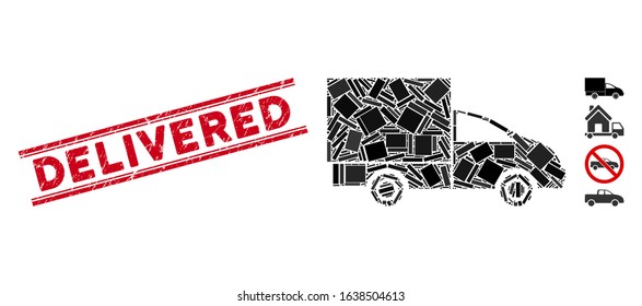 Mosaic lorry pictogram and red Delivered stamp between double parallel lines. Flat vector lorry mosaic pictogram of random rotated rectangular elements.
