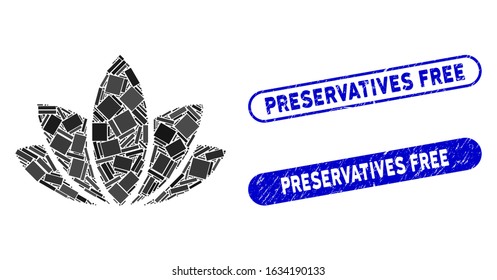 Mosaic lotus flower and grunge stamp seals with Preservatives Free phrase. Mosaic vector lotus flower is composed with random rectangle items. Preservatives Free stamp seals use blue color,