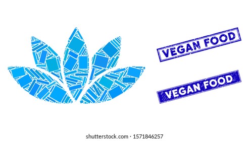 Mosaic lotus flower icon and rectangular Vegan Food rubber prints. Flat vector lotus flower mosaic icon of randomized rotated rectangular elements. Blue Vegan Food rubber stamps with dirty textures.