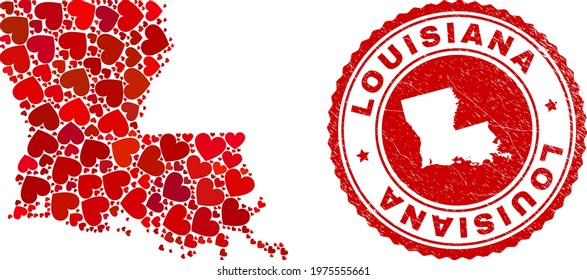 Mosaic Louisiana State map composed with red love hearts, and unclean seal stamp. Vector lovely round red rubber stamp imitation with Louisiana State map inside.