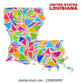 Mosaic Louisiana State map of triangles in bright colors isolated on a white background. Triangular collage in shape of Louisiana State map. Abstract design for patriotic purposes.