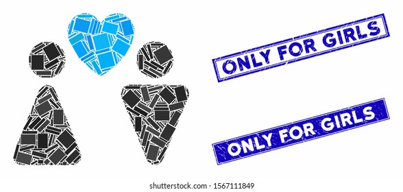 Mosaic love couple icon and rectangular watermarks. Flat vector love couple mosaic pictogram of randomized rotated rectangular items. Blue caption watermarks with grunge textures.