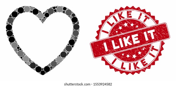 Mosaic love heart and grunge stamp watermark with I Like It caption. Mosaic vector is created with love heart icon and with randomized spheric elements. I Like It stamp uses red color,