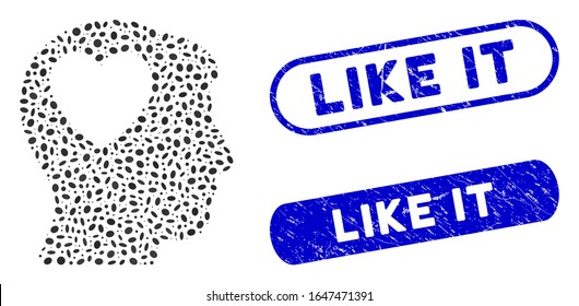 Mosaic love heart think and distressed stamp watermarks with Like It text. Mosaic vector love heart think is created with randomized elliptic pieces. Like It stamp seals use blue color,