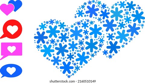 Mosaic love hearts pictogram is done for winter, New Year, Christmas. Love hearts icon mosaic is organized of light blue snow icons. Some bonus icons are added.