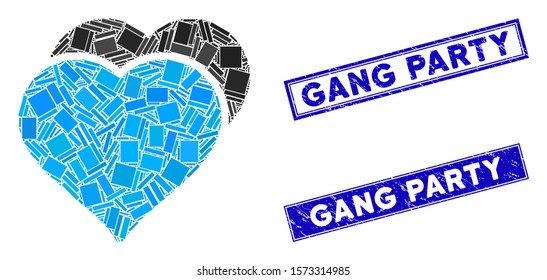 Mosaic love hearts pictogram and rectangular Gang Party seals. Flat vector love hearts mosaic pictogram of random rotated rectangular elements. Blue Gang Party stamp imprints with corroded texture.